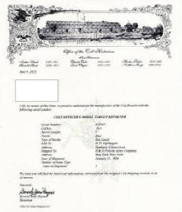 Colt factory letter for Colt Officers' Model Target .38 (1938) heavy 6 in. bbl.