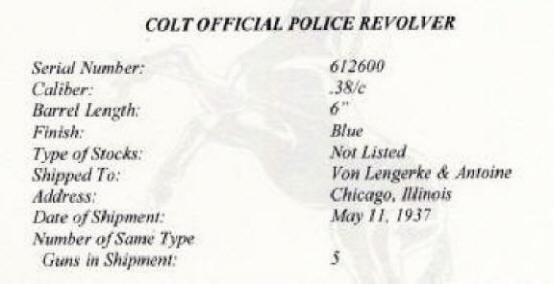 Colt Official Police&nbsp;Model .38 (1937) 6 in. bbl. enlarged factory letter