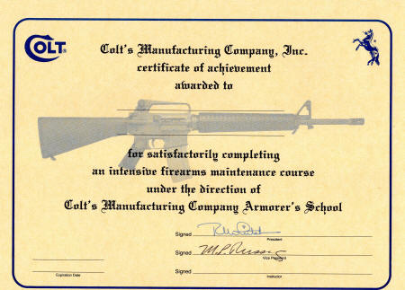 1990s Colt certificate for firearms maintenance course