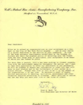 Colt form letter congratulating recent NY police graduate 1960