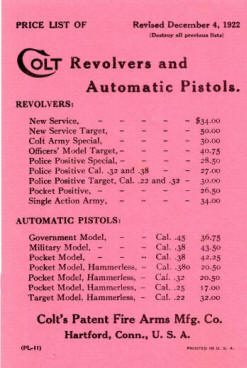 Colt price list from the 1922 catalog