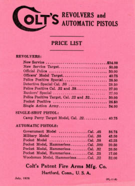 July 1928 Colt price list for catalog A-7--10th