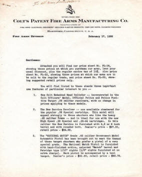 Colt 1932 letter to dealers discussing Officer's Model, New Service revolvers