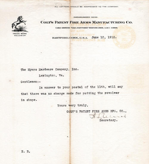 1912 Colt letter to Myers Hardware of Va.
