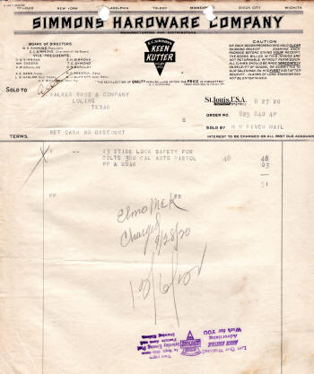 Simmons Hardware invoice for Colt items 1920