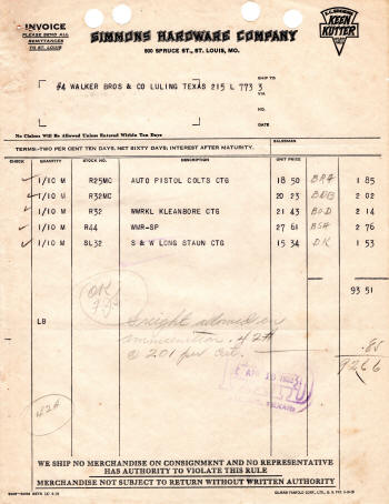 Colt ammo order from Simmons hardware invoice in 1932
